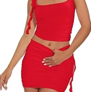 NEW Meladyan Red 2 Piece Rosette Bodycon Crop Top and Mini Skirt